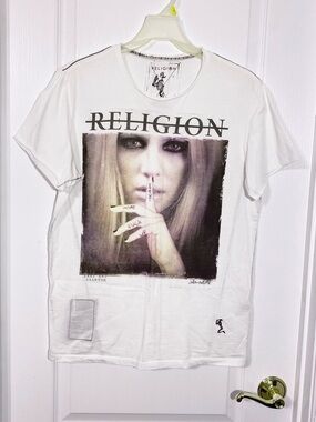 Religion London Shut Up Graphic Distressed Contrast Stitch Tee White Men’s Med